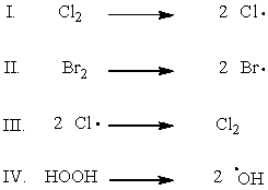 Which of the following shows the initiation step of monochlorination of methane?   A) I B) II C) III D) IV E) I and II