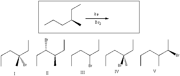 Predict the major product(s) of the following reaction.   A) I B) II and IV C) III and V D) IV and I E) V