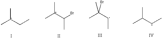 Which intermediate leads to the major product for the reaction of 2-methyl-2-butene with hydrogen bromide?   A) I B) II C) III D) IV E) None of the above