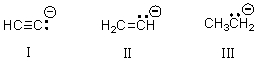 Rank the following carbanions,with the weakest base first,then by increasing base strength.   A) I < II < III B) II < III < I C) III < II < I D) III < I < II E) II < I < III