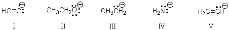 Rank the following bases,with the strongest base first,then by decreasing basicity.   A) III > I > V > II > IV B) III > V > IV > I> II C) V > I > III > II > IV D) III > IV > II > V > I E) IV > II > I > III > V