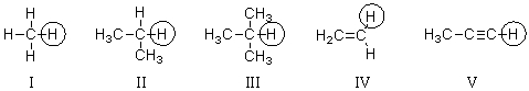 <strong>Which of the circled hydrogen atoms is the least acidic? </strong> A)I B)II C)III D)IV E)V