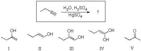 For the reaction shown,which of the compounds listed would be the expected enol intermediate?   A) I B) II C) III D) IV E) V