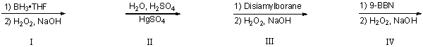 Which of the reagents below,upon completion of reaction with a terminal alkyne,would be expected to produce an aldehyde as the final major organic product?   A) I and II B) II and III C) III and IV D) I,II and IV E) I,III and IV
