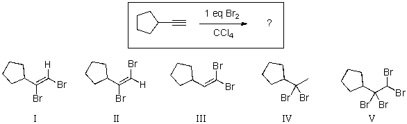 Careful addition of 1 equivalent of Br<sub>2</sub> to the alkyne shown below would be expected to produce which of the following as the major organic product?   A) I B) II C) III D) IV E) V
