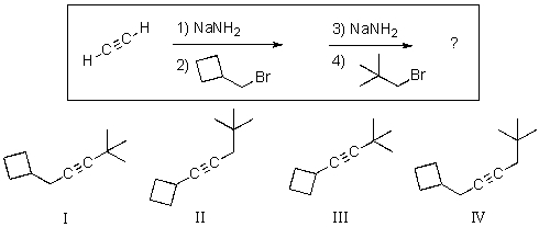 What is the expected major final product of the reaction sequence shown below?   A) I B) II C) III D) IV E) None of the shown products will be produced.