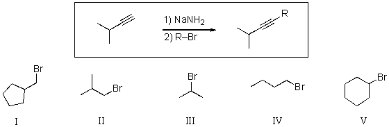 Which of the alkyl bromides listed would work as a reagent in step 2 of the reaction sequence shown,with the resulting major product being an internal alkyne?   A) I and III B) II and IV C) III,IV,V D) I,II,IV E) II,III,V