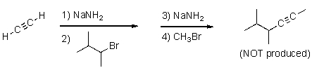 Why would the following reaction sequence not produce the expected product shown?   A) NaNH<sub>2</sub> is used in the reduction of alkynes to trans alkenes. B) The secondary alkylhalide would undergo an elimination reaction. C) Br is not a good enough leaving group. D) The terminal alkyne is not acidic enough to be deprotonated. E) The reaction sequence is correct and will produce the shown product.