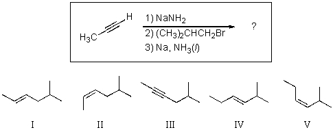 What is the final major product expected for the following reaction sequence?   A) I B) II C) III D) IV E) V