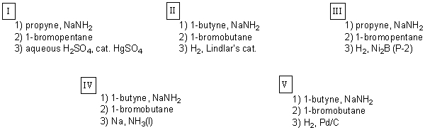 Which sequence of reactions is expected to produce cis-3-octene as the final,and major,organic product?   A) I B) II C) III D) IV E) V