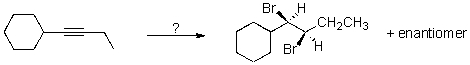 Which sequence of reactions is expected to produce the product below as the final,and major,organic product?   A) 1) Br<sub>2</sub>;2) H<sub>2</sub>,Lindlar's cat. B) 1) H<sub>2</sub>,Lindlar's cat. ;2) Br<sub>2</sub> C) 1) Br<sub>2</sub>;2) Na,NH<sub>3</sub>(l)  D) 1) Na,NH<sub>3</sub>(l) ;2) Br<sub>2</sub> E) 1) Br<sub>2</sub>,2) H<sub>2</sub>,Pt