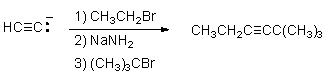 Which of the following best explains why the synthetic route shown below would be unsuccessful?   A) The alkynide anion is not a strong enough nucleophile to react with 1-bromopropane in step 1. B) Sodium amide is not a strong enough base to deprotonate the terminal alkyne in step 2. C) The alkynide anion formed by reaction with sodium amide will facilitate an E2 (rather than S<sub>N</sub>2) reaction with t-butyl bromide. D) Both substitution reactions will occur on the same end of the alkyne,making a product different than the one shown. E) Reaction with sodium amide will result in formation of a primary alkyne.