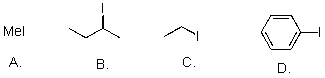 Rank the following substrates from most to least reactive in an S<sub>N</sub>2 reaction.   A) A>B>C>D B) D>C>B>A C) A>C>B>D D) .D>C>B>A