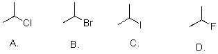 Rank the following substrates from most to least reactive in an S<sub>N</sub>1 reaction.   A) A>B>C>D B) A>B>D>C C) C>B>A>D D) D>A>B>C