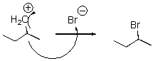 What is wrong with the following mechanism?   A) There is no leaving group,so there should be no arrows. B) The arrow should be removing a proton from the H<sub>2</sub>O group. C) An arrow is also needed to indicate the loss of the leaving group. D) The arrow indicating the formation of the C-Br bond (nucleophilic attack) should start at the bromide anion.