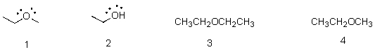 Which of the following structures is of a compound with a molecular formula of C<sub>2</sub>H<sub>6</sub>O?   A) 1 B) 2 C) 3 D) 4
