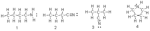 Which of the following is a valid Lewis structure for a compound with the molecular formula of C<sub>4</sub>H<sub>11</sub>N?   A) 1 B) 2 C) 3 D) 4