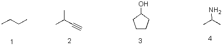 Which of the following structures contains an alkyne?   A) 1 B) 2 C) 3 D) 4