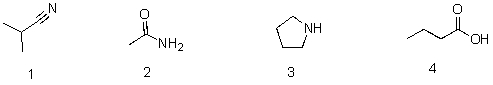 Which of the following structures contains an amide?   A) 1 B) 2 C) 3 D) 4