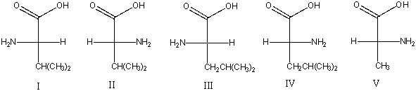Which of the following is a correct structure for D-leucine?   A) I B) II C) III D) IV E) V