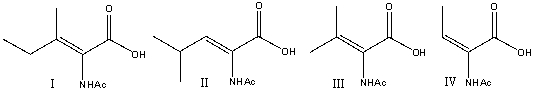 Which of the following alkenes is used to prepare isoleucine using an asymmetric catalytic hydrogenation?     A) I B) II C) III D) IV E) none of these