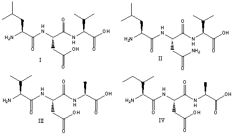 Which of the following is a correct bond-line structure for a tripeptide Val-Asp-Ala?   A) I B) II C) III D) IV E) none of these