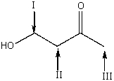 Which of the following is a correct prediction of the chemical shifts for the signals in the <sup>1</sup>H NMR spectrum for the following compound?   A) I=3.7 ppm,II=2.7 ppm,III=1.9 ppm B) I=3.7 ppm,II=2.2 ppm,III=1.9 ppm C) I=3.9 ppm,II=2.7 ppm,III=1.9 ppm D) I=3.9 ppm,II=2.2 ppm,III=2.4 ppm E) none of these
