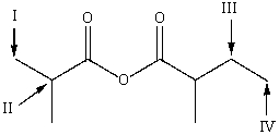 Which of the following is a correct prediction of the chemical shifts for the signals in the <sup>1</sup>H NMR spectrum for the following compound?   A) I=0.9 ppm,II=2.7 ppm,III=1.2 ppm,IV=0.9 ppm B) I=1.1 ppm,II=3.2 ppm,III=1.4 ppm,IV=0.9 ppm C) I=0.9 ppm,II=1.7 ppm,III=1.2 ppm,IV=1.1 ppm D) I=0.9 ppm,II=1.9 ppm,III=3.4 ppm,IV=0.9 ppm E) none of these