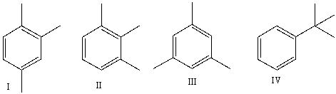 A compound with a molecular formula C<sub>9</sub>H<sub>12</sub> has the following <sup>1</sup>H NMR spectrum.Which of the following structures is consistent with this spectrum?     A) I B) II C) III D) IV E) none of these