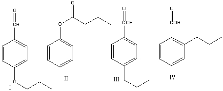A compound with a molecular formula C<sub>10</sub>H<sub>12</sub>O<sub>2</sub> has the following HNMR spectrum.Which of the following structures is consistent with this spectrum? SHAPE \* MERGEFORMAT 0 1 2 3 4 5 6 7 8 9 10 11 PPM 1 2 2 2 2 3     A) I B) II C) III D) IV E) none of these