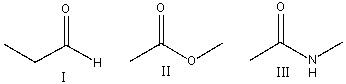 Which of the following compounds will not display a carbonyl carbon signal in the DEPT-90 and DEPT-135 <sup>13</sup>C NMR spectroscopy?   A) I B) II C) III D) II & III E) none of these