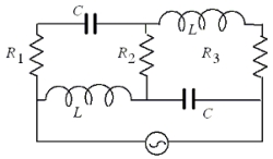 In the circuit shown in the drawing, the generator supplies the same amount of rms current at either very small or very large frequencies.What can be deduced about the resistances R<sub>1</sub>, R<sub>2</sub>, and R<sub>3</sub> from this information?   A) R<sub>1</sub> = R<sub>2</sub> = R<sub>3</sub> B) R<sub>1</sub> = 2R<sub>2</sub> C) R<sub>1</sub> = R<sub>2</sub> D) R<sub>1</sub> = R<sub>3</sub> E) R<sub>2</sub> = R<sub>3</sub>