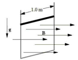  A 1.2-kg rod that has a length of 1.0 m and a resistance of 5.0   \Omega  slides with constant speed down a pair of frictionless vertical conducting rails that are joined at the bottom.Other than the rod, the rest of the circuit is resistanceless.A uniform magnetic field of magnitude 3.0 T is perpendicular to the plane formed by the rod and the rails as shown.Determine the speed of the rod.   A) 0.38 m/s B) 0.90 m/s C) 2.6 m/s D) 6.5 m/s E) 8.7 m/s 