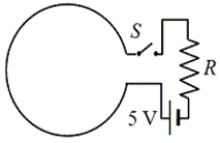 The figure shows a circular, conducting loop that is connected to a 5.0-V battery and a switch S.Immediately after the switch S is closed, the current through the loop changes at a rate of 15 A/s and the emf induced in the loop has a magnitude of 5.0 V.Determine the self-inductance of the coil.   A) 0.33 H B) 0.60 H C) 1.5 H D) 3.0 H E) 5.0 H