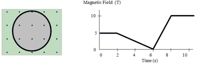 <strong>22-7 The figure shows a uniform magnetic field that is normal to the plane of the conducting loop of resistance R.Note: the area of the non-circular portion of the circuit is negligible compared to that of the loop. A circular loop of copper wire with an area of 2.0 m<sup>2</sup> lies in a plane perpendicular to a time-dependent magnetic field oriented as shown.The time-dependence of the field is shown in the graph. Which one of the entries in the table below is incorrect? </strong> A) B) C) D) E)