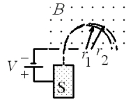 A mass spectrometer is used to separate two isotopes of uranium with masses m<sub>1</sub> and m<sub>2</sub> where m<sub>2</sub> > m<sub>1</sub>.The two types of uranium atom exit an ion source S with the same charge of +e and are accelerated through a potential difference V.The charged atoms then enter a constant, uniform magnetic field B as shown.If r<sub>1</sub> = 0.5049 m and r<sub>2 </sub>= 0.5081 m, what is the value of the ratio m<sub>1</sub>/m<sub>2</sub>?   A) 0.9984 B) 0.9937 C) 0.9874 D) 0.9812 E) 0.9749