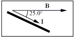 A 0.0150-m wire oriented horizontally between the poles of an electromagnet carries a direct current of 9.5 A.The angle between the direction of the current and that of the magnetic field is 25.0° as shown.If the magnetic field strength is 0.845 T, what is the magnitude and direction of the magnetic force on the wire between the poles?   A) 1.17 N, upward B) 0.330 N, downward C) 0.0509 N, upward D) 0.120 N, downward E) 0.495 N, upward