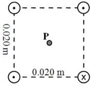 Four long, straight wires are parallel to each other; and their cross-section forms a square.Each side of the square is 0.020 m as shown in the figure.If each wire carries a current of 8.0 A in the direction shown in the figure, determine the magnitude of the total magnetic field at P, the center of the square.   A) 5.1 × 10<sup>-</sup><sup>5</sup> T B) 1.1 × 10<sup>-</sup><sup>4</sup> T C) 1.7 × 10<sup>-</sup><sup>4</sup> T D) 2.3 × 10<sup>-</sup><sup>4</sup> T E) zero tesla