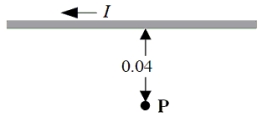 21-3 A long, straight wire is carrying a current of 5.0 A in the direction shown in the figure.The point P is 0.040 m from the wire.   -What is the direction of the magnetic field at point P due to the current in the wire? A) to the right of page B) to the left of the page C) toward the bottom of the page D) into the plane of the page E) out of the plane of the page