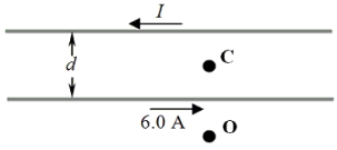 21-5 Two long, straight, parallel wires separated by a distance d carry currents in opposite directions as shown in the figure.The bottom wire carries a current of 6.0 A.Point C is at the midpoint between the wires and point O is a distance 0.50d below the 6-A wire as suggested in the figure.The total magnetic field at point O is zero tesla.   -Determine the magnitude of the magnetic field at point C if d = 0.10 m. A) 2.4 × 10<sup>-</sup><sup>5</sup> T B) 4.8 × 10<sup>-</sup><sup>5</sup> T C) 9.6 × 10<sup>-</sup><sup>5</sup> T D) 1.1 × 10<sup>-</sup><sup>4</sup> T E) 1.4 × 10<sup>-</sup><sup>4</sup> T