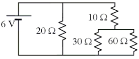 <strong> Four resistors and a 6-V battery are arranged as shown in the circuit diagram. -The smallest current passes through which resistor(s)?</strong> A)the 10- \Omega resistor B)the 20- \Omega resistor C)the 30- \Omega resistor D)the 60- \Omega resistor E)It is the same and the smallest in the 30- \Omega and 60-F \Omega resistors.