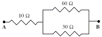 <strong> Three resistors are placed in a circuit as shown.The potential difference between points A and B is 30 V. -What is the potential drop across the 30- \Omega resistor?</strong> A)10 V B)20 V C)30 V D)60 V E)100 V