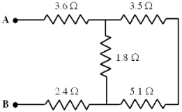 <strong> Five resistors are connected as shown in the diagram.The potential difference between points A and B is 25 V. -What is the equivalent resistance between the points A and B?</strong> A)1.5 \Omega B)4.8 \Omega C)7.5 \Omega D)9.4 \Omega E)11 \Omega