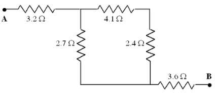 <strong> Five resistors are connected as shown in the diagram.The potential difference between points A and B is 15 V. -What is the equivalent resistance between the points A and B?</strong> A)1.5 \Omega B)4.8 \Omega C)8.7 \Omega D)10.4 \Omega E)11.1 \Omega
