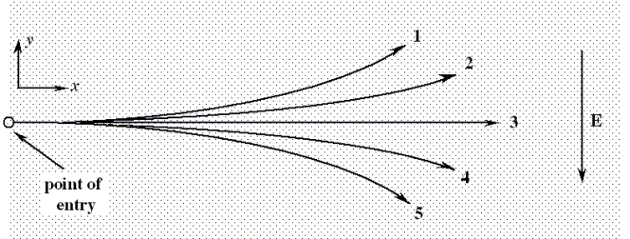 Two particles of the same mass carry charges +3Q and -2Q, respectively.They are shot into a region that contains a uniform electric field as shown.The particles have the same initial velocities in the positive x direction.The lines, numbered 1 through 5, indicate possible paths for the particles.If the electric field points in the negative y direction, what will be the resulting paths for these particles?   A) path 1 for +3Q and path 4 for -2Q B) path 3 for +3Q and path 2 for -2Q C) path 4 for +3Q and path 3 for -2Q D) path 2 for +3Q and path 5 for -2Q E) path 5 for +3Q and path 2 for -2Q