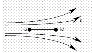 <strong>A rigid electric dipole is free to move in the electric field represented in the figure.Which one of the following phrases most accurately describes the initial motion of the dipole if it is released from rest in the position shown? </strong> A)It moves to the left. B)It moves to the right. C)It does not move at all. D)It moves toward to the top of the page. E)It moves toward the bottom of the page.