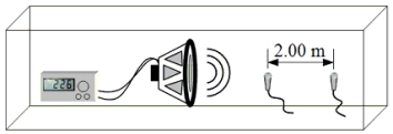 The speaker and two microphones shown in the figure are arranged inside a sealed container filled with neon gas.The wires from the microphones are connected to an oscilloscope (not shown) .The signal from the microphones is monitored beginning at time t = 0 s when a sound pulse is emitted from the speaker.The pulse is picked up by microphone 1 at t<sub>1</sub> = 1.150 × 10<sup>-</sup><sup>2</sup> s and by microphone 2 at t<sub>2</sub> = 1.610 × 10<sup>-</sup><sup>2</sup> s.What is the speed of sound in neon gas?   A) 124 m/s B) 174 m/s C) 362 m/s D) 435 m/s E) 724 m/s