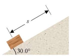 A block of mass m is released from rest at a height R above a horizontal surface.The acceleration due to gravity is g.The block slides along the inside of a frictionless circular hoop of radius R.   -A physics student shoves a 0.50-kg block from the bottom of a frictionless 30.0° inclined plane.The student performs 4.0 J of work and the block slides a distance s along the incline before it stops.Determine the value of s.   A) 8.0 cm B) 16 cm C) 82 cm D) 160 cm E) 330 cm