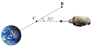 <strong>The radius of the earth is 6400 km.An incoming meteorite approaches the earth along the trajectory shown.The point C in the figure is 6400 km above the earth's surface.The point A is located at the earth's center.At point C, what acceleration would the meteorite experience due to the earth's gravity? </strong> A)9.8 m/s<sup>2</sup> toward A B)2.5 m/s<sup>2</sup> toward A C)2.5 m/s<sup>2 </sup>toward B D)5.0 m/s<sup>2</sup> toward B E)5.0 m/s<sup>2 </sup>toward A