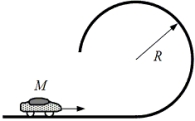 <strong>A small car of mass M travels along a straight, horizontal track.As suggested in the figure, the track then bends into a vertical circle of radius R. Which one of the following expressions determines the minimum speed that the car must have at the top of the track if it is to remain in contact with the track?</strong> A)v = MgR B)v = 2gR C)v<sup>2</sup> = 2gR D)v<sup>2</sup> = gR E)v = gR
